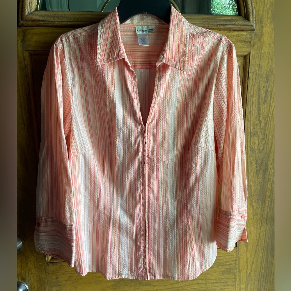 Coldwater Creek Coral and White Striped Blouse XL
